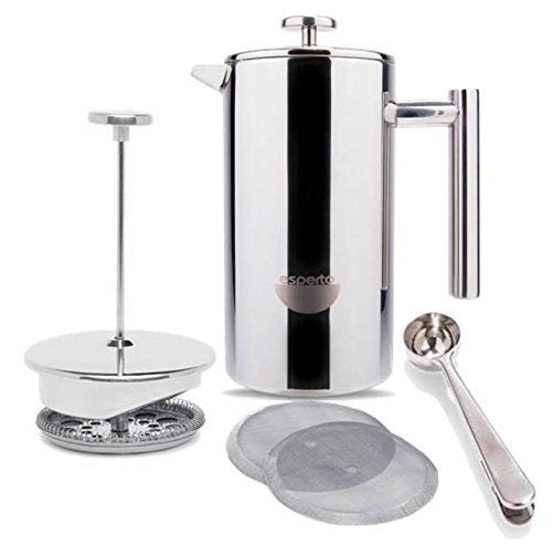  Perto Stainless Steel French Press Coffee Maker | 34 Ounce, Double Wall Insulated, Manual, Portable, Chrome Finish