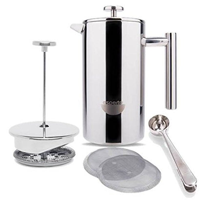  Perto Stainless Steel French Press Coffee Maker | 34 Ounce, Double Wall Insulated, Manual, Portable, Chrome Finish