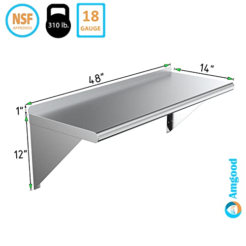  14" X 48" Stainless Steel Wall Shelf | Metal Shelving | Garage, Laundry, Storage, Utility Room | Restaurant, Kitchen | Food Prep | NSF Certified