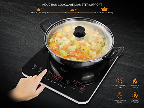  Portable Induction Cooktop Burner, 1800W, 8 Cooking Modes, 10 Power/Temp Levels, Touch Panel, LED Display, Timer, Auto Shut-Off, Child Safety Lock, Includes Stainless Steel Pot (RHAI-21001)