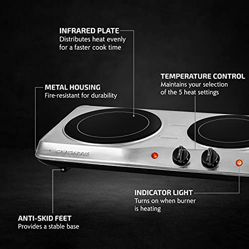  Vente Electric Double Infrared Burner 7.75 & 6.75 Inch Ceramic Glass Hot Plate Cooktop, 1700W Portable Countertop Stove With Temperature Control & Easy To Clean Stainless Steel Base, Silver BGI102S