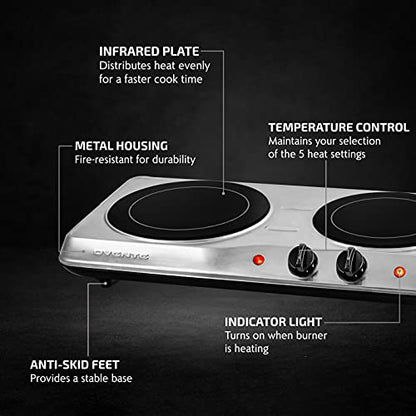  Vente Electric Double Infrared Burner 7.75 & 6.75 Inch Ceramic Glass Hot Plate Cooktop, 1700W Portable Countertop Stove With Temperature Control & Easy To Clean Stainless Steel Base, Silver BGI102S