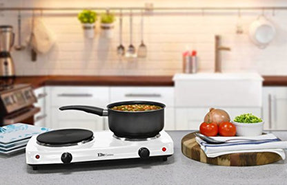  Cuisine EDB-302F Double Countertop Portable Buffet Burner Electric Hot Plate, Dual Temperature Controls, Flat Cast Iron Heating Plates, Power Indicator Lights, Easy To Clean, 1440 Watts, White