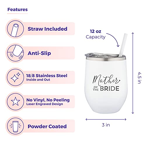  Mother Of The Bride Engraved Stainless Steel Tumbler Cup With Lid And Straw - Gift For Mom - Bride, Bridal Shower, Wedding, Engagement Party - Mom's Travel Tumbler - Travel Mug For Bride's Mom