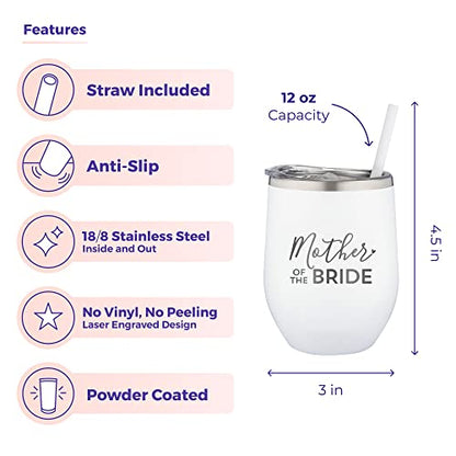  Mother Of The Bride Engraved Stainless Steel Tumbler Cup With Lid And Straw - Gift For Mom - Bride, Bridal Shower, Wedding, Engagement Party - Mom's Travel Tumbler - Travel Mug For Bride's Mom