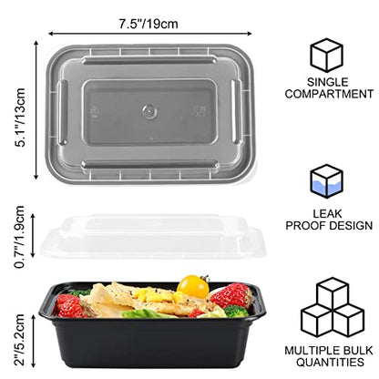  50 Pack Meal Prep Plastic Food Containers With Lids 24oz, 1 Compartment Disposable Food Storage Containers, Reusable Lunch Boxes Food Grade Bento Box, Microwave/Freezer/Dishwasher Safe