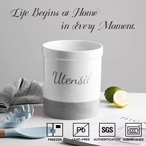  Kitchen Utensil Holder, 7.2" Ceramic Utensil Crock For Cooking Countertop, Housewarming, Wedding, Birthday Gift (Gray)