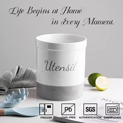  Kitchen Utensil Holder, 7.2" Ceramic Utensil Crock For Cooking Countertop, Housewarming, Wedding, Birthday Gift (Gray)
