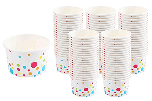  Paper Ice Cream Cups (Polka Dots Design) - 100-Count - 8 Oz Disposable Dessert Bowls For Hot Or Cold Food, 8-Ounce Party Supplies Treat Cups For Sundae, Frozen Yogurt, Soup, White