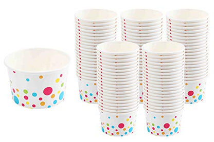  Paper Ice Cream Cups (Polka Dots Design) - 100-Count - 8 Oz Disposable Dessert Bowls For Hot Or Cold Food, 8-Ounce Party Supplies Treat Cups For Sundae, Frozen Yogurt, Soup, White