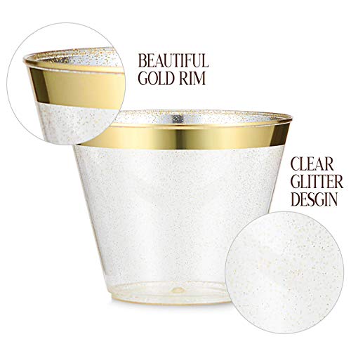  100 Pack 9oz Plastic Cups Gold Glitter With A Gold Rim - Premium Disposable Party Cups - Elegant And Classy Sturdy Cups - Weddings Birthdays Anniversaries And Other Social Events