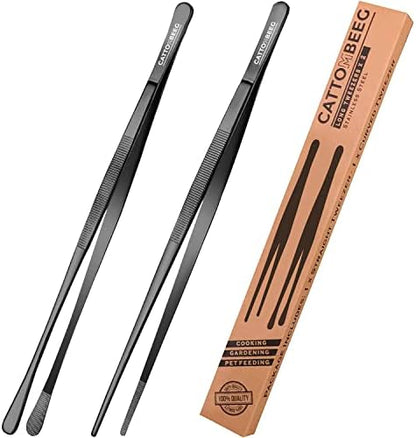  Long Tweezers 12 Inch – Cooking Tweezers Black Stainless Steel Kitchen Tweezers Tongs For Cooking, BBQ Cooking Tongs, Pet Feeding, Repairing, Arts And Crafts - Pack Of 2