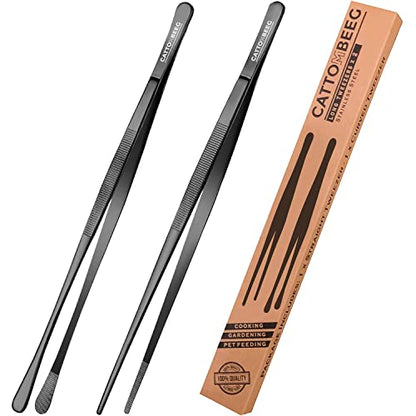  Long Tweezers 12 Inch – Cooking Tweezers Black Stainless Steel Kitchen Tweezers Tongs For Cooking, BBQ Cooking Tongs, Pet Feeding, Repairing, Arts And Crafts - Pack Of 2