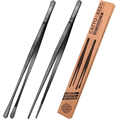  Long Tweezers 12 Inch – Cooking Tweezers Black Stainless Steel Kitchen Tweezers Tongs For Cooking, BBQ Cooking Tongs, Pet Feeding, Repairing, Arts And Crafts - Pack Of 2