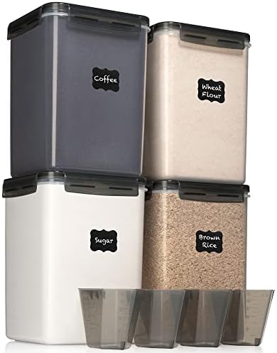  XXL 6.5L / 250 Oz X 2 & XL 5.2L / 175 Oz X 2 - WIDE & DEEP Food Storage Airtight Containers [Set Of 4] + Free 4 Measuring Cups + Labels - Ideal For Sugar, Flour Leakproof BPA Free Clear Plastic