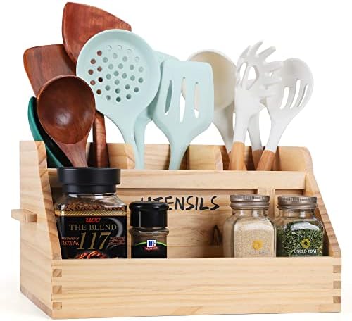  Kitchen Utensil Holder For Countertop With 4 Compartments, Utensil Holder Kitchen Utensil Organizer With Handles, Wood Utensil Holder For Home Decor (Utensil Not Included)