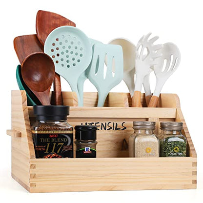  Kitchen Utensil Holder For Countertop With 4 Compartments, Utensil Holder Kitchen Utensil Organizer With Handles, Wood Utensil Holder For Home Decor (Utensil Not Included)