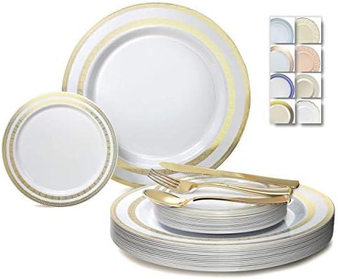 " OCCASIONS " 600 Pcs Set & 120 Guest Wedding Disposable Plastic Plate & Silverware Combo Set (Ivory & Gold Rim Plates, Gold Silverware)