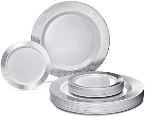  " OCCASIONS " 600 Pcs Set & 120 Guest Wedding Disposable Plastic Plate & Silverware Combo Set (White & Silver Rim Plates, Silver Silverware)