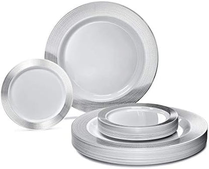  " OCCASIONS " 600 Pcs Set & 120 Guest Wedding Disposable Plastic Plate & Silverware Combo Set (White & Silver Rim Plates, Silver Silverware)