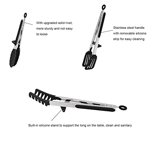  4 Pack Silicone Kitchen Cooking Tongs Set, Stainless Steel Nonstick Food Tong With BPA Free Silicone Tips For Serving Pasta Spaghetti Steak Pie Pizza Salad Vegetable Fruit Grilling BBQ Buffet 9" & 12"
