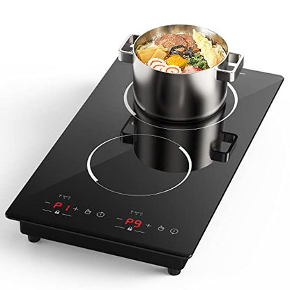  Double Induction Cooktop, Portable Induction Cooker With 2 Burner Independent Control, Ultrathin Body, 9 Temperature, 2300W-Multiple Power Levels, 2 Hour Timer, Safety Lock