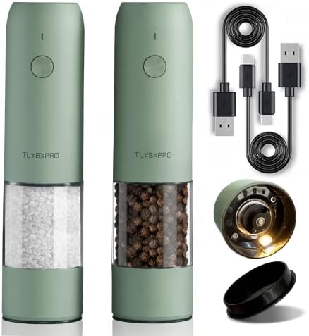 Electric Salt And Pepper Grinder Set, USB Rechargeable, Automatic Salt And Pepper Mill Grinder With Adjustable Coarseness, Electric Salt Shakers, LED Light, Refillable, Kitchen Gadgets (2 Packs, Sage)