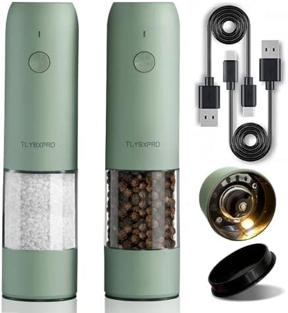 Electric Salt And Pepper Grinder Set, USB Rechargeable, Automatic Salt And Pepper Mill Grinder With Adjustable Coarseness, Electric Salt Shakers, LED Light, Refillable, Kitchen Gadgets (2 Packs, Sage)