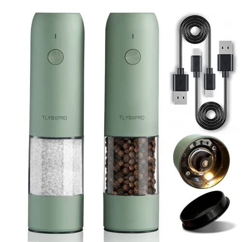  Electric Salt And Pepper Grinder Set, USB Rechargeable, Automatic Salt And Pepper Mill Grinder With Adjustable Coarseness, Electric Salt Shakers, LED Light, Refillable, Kitchen Gadgets (2 Packs, Sage)