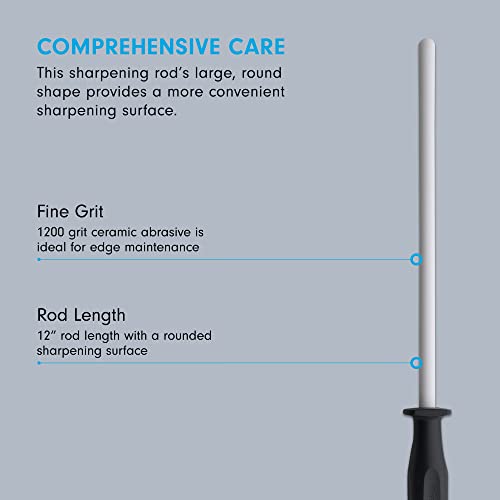  12” Ceramic Sharpening Rod - Knife Sharpener - Fine 1200 Grit - Ceramic Core, Large Sharpening Surface & Soft-Grip Handle