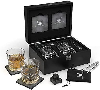  Whiskey Stones Gift Set For Men, Guys, Husband, Fathers Set Of 2 10oz Whiskey Rocks Glasses, 8 Granite Chilling Rocks, 2 Slate Coasters, Stylish Durable Black Wooden Gift Box (Sword Glass)