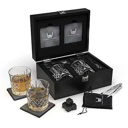  Whiskey Stones Gift Set For Men, Guys, Husband, Fathers Set Of 2 10oz Whiskey Rocks Glasses, 8 Granite Chilling Rocks, 2 Slate Coasters, Stylish Durable Black Wooden Gift Box (Sword Glass)