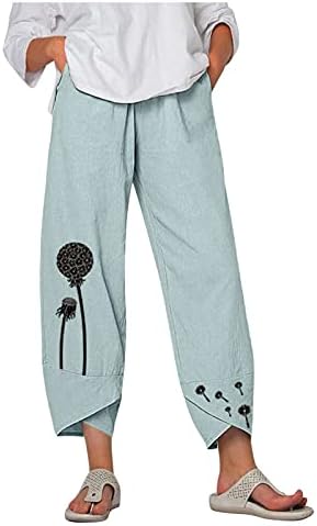  Kingspinner Capri Pants For Women Plus Size Cotton Linen Flowers Printed Pants Pockets Cotton Linen Elastic Waist Trousers
