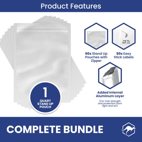  50x Wallaby 1-Quart Gusset Mylar Bag Bundle - (6 Mil - 7" X 10") Stand-Up Zipper Pouches + 50x Labels - Heat Sealable, Food Safe, & Reliable Long Term-Food Storage Solutions - Silver