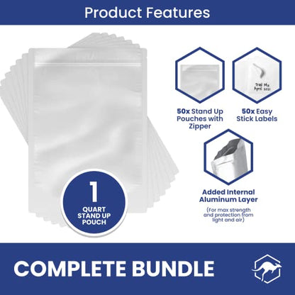  50x Wallaby 1-Quart Gusset Mylar Bag Bundle - (6 Mil - 7" X 10") Stand-Up Zipper Pouches + 50x Labels - Heat Sealable, Food Safe, & Reliable Long Term-Food Storage Solutions - Silver