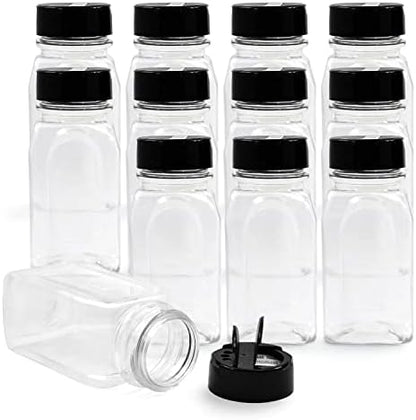  6 Pack 9.5 Oz Plastic Spice Jars With Black Cap, Clear And Safe Plastic Bottle Containers With Shaker Lids For Storing Spice, Herbs And Seasoning Powders, BPA Free, Made In USA