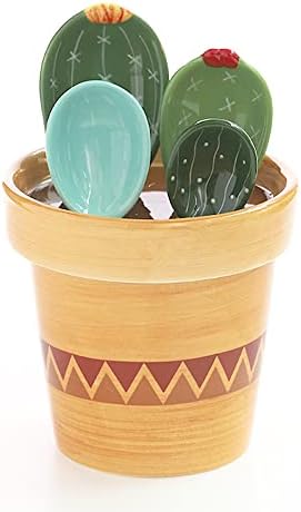  Ceramic Cactus Measuring Spoons Set In Pot Organizer, 5 Pieces Cute Measuring Cups And Spoons Set For Kitchen Dry Wet Measuring Liquid Food Salt And Sugar Kawaii Small Cacti Spoon With Base Cup