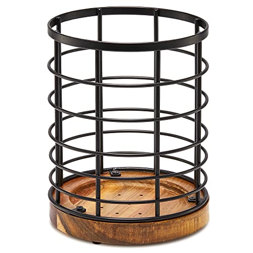  Utensil Holder For Kitchen Counter,Black Wire With Wooden Base Countertop Utensil Holder, Large Wooden Cooking Utensil Holder, Kitchen Utensil Organizer.
