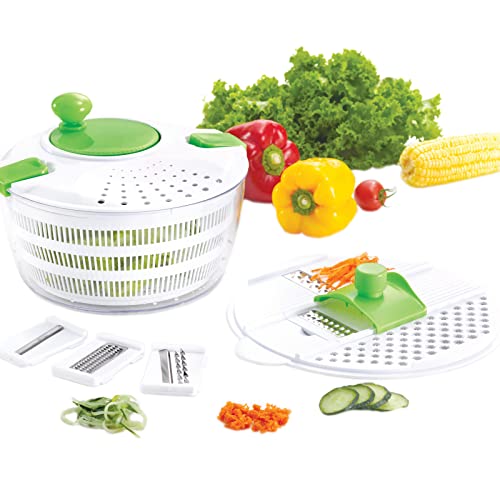  Multifunctional Large Salad Spinner (4 Quarts) And Mandoline Set – 5 Blade Slicer, Drainer, Tosser, Vegetable Dryer With A Pouring Spout