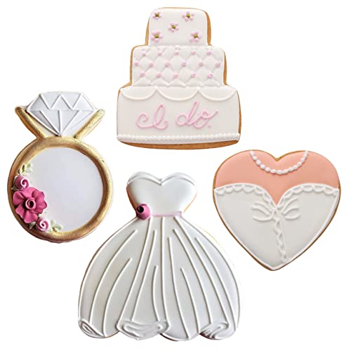  Wedding Cookie Cutter 4-Pc Set Made In USA By Ann Clark, Wedding Dress, Wedding Cake, Diamond Ring, Heart