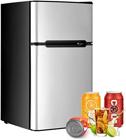  3.2 Cu.FT Mini Fridge With Freezer, Dual Door Refrigerator With Adjustable Temperature & Removable Glass Shelves, Mini Fridge For Dorm, Office, Bedroom, Kitchen(Grey)