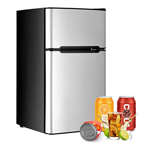  3.2 Cu.FT Mini Fridge With Freezer, Dual Door Refrigerator With Adjustable Temperature & Removable Glass Shelves, Mini Fridge For Dorm, Office, Bedroom, Kitchen(Grey)