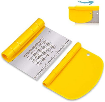  Bench Scraper For Baking, Stainless Steel Dough Scraper/Cutter/Chopper And Flexible Plastic Bowl Scraper Set - Pastry, Pizza Cutter, Baking Tools With Measurement, 2 In 1 Kitchen Scraper