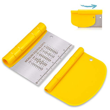  Bench Scraper For Baking, Stainless Steel Dough Scraper/Cutter/Chopper And Flexible Plastic Bowl Scraper Set - Pastry, Pizza Cutter, Baking Tools With Measurement, 2 In 1 Kitchen Scraper