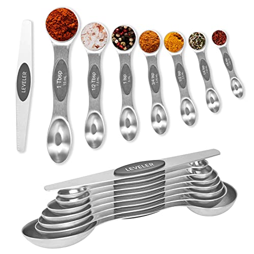  Measuring Spoons, Magnetic Measuring Spoons Set Of 8 Stainless Steel Dual Sided Teaspoon And Tablespoon Stackable With Leveler Fits In Different Spice Jars For Dry And Liquid Ingredients… (X1)