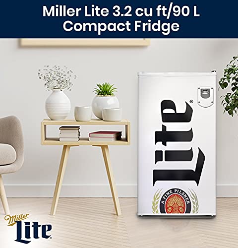  Miller Lite Compact Fridge W/ Bottle Opener, 3.2 Cu Ft (90L), White, Space-Saving Flat Back Design, Reversible Door, Tempered Glass Shelves, Licensed Miller Lite Artwork, Perfect For Beer-Lovers