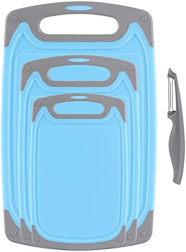  Cutting Boards For Kitchen, Plastic Chopping Board Set Of 4 With Non-Slip Feet And Deep Drip Juice Groove, Easy Grip Handle, Dishwasher Safe, BPA Free, Non-porous(Blue/Gray)