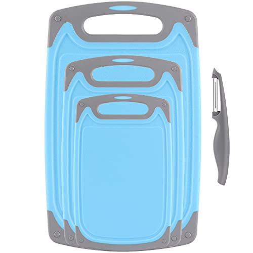  Cutting Boards For Kitchen, Plastic Chopping Board Set Of 4 With Non-Slip Feet And Deep Drip Juice Groove, Easy Grip Handle, Dishwasher Safe, BPA Free, Non-porous(Blue/Gray)