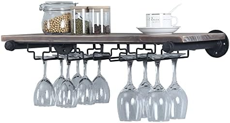  Industrial Pipe Shelving Hanging Stemware Racks,Rustic Wall Mounted Wine Rack With 8 Glass Holder,Steampunk Iron Floating Bar Shelves Stemware Holder,36in Metal Real Wood Shelf Wall Shelf