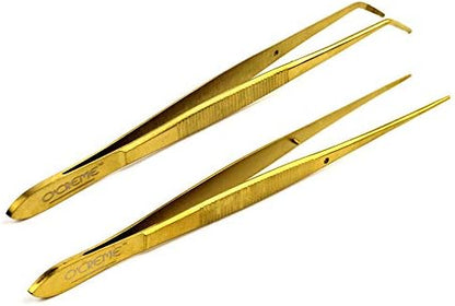  Reme Blue Stainless Steel Precision Kitchen Culinary Fine-Tip Tweezer Tongs, 1 With Curved Tip And 1 With Straight Tip